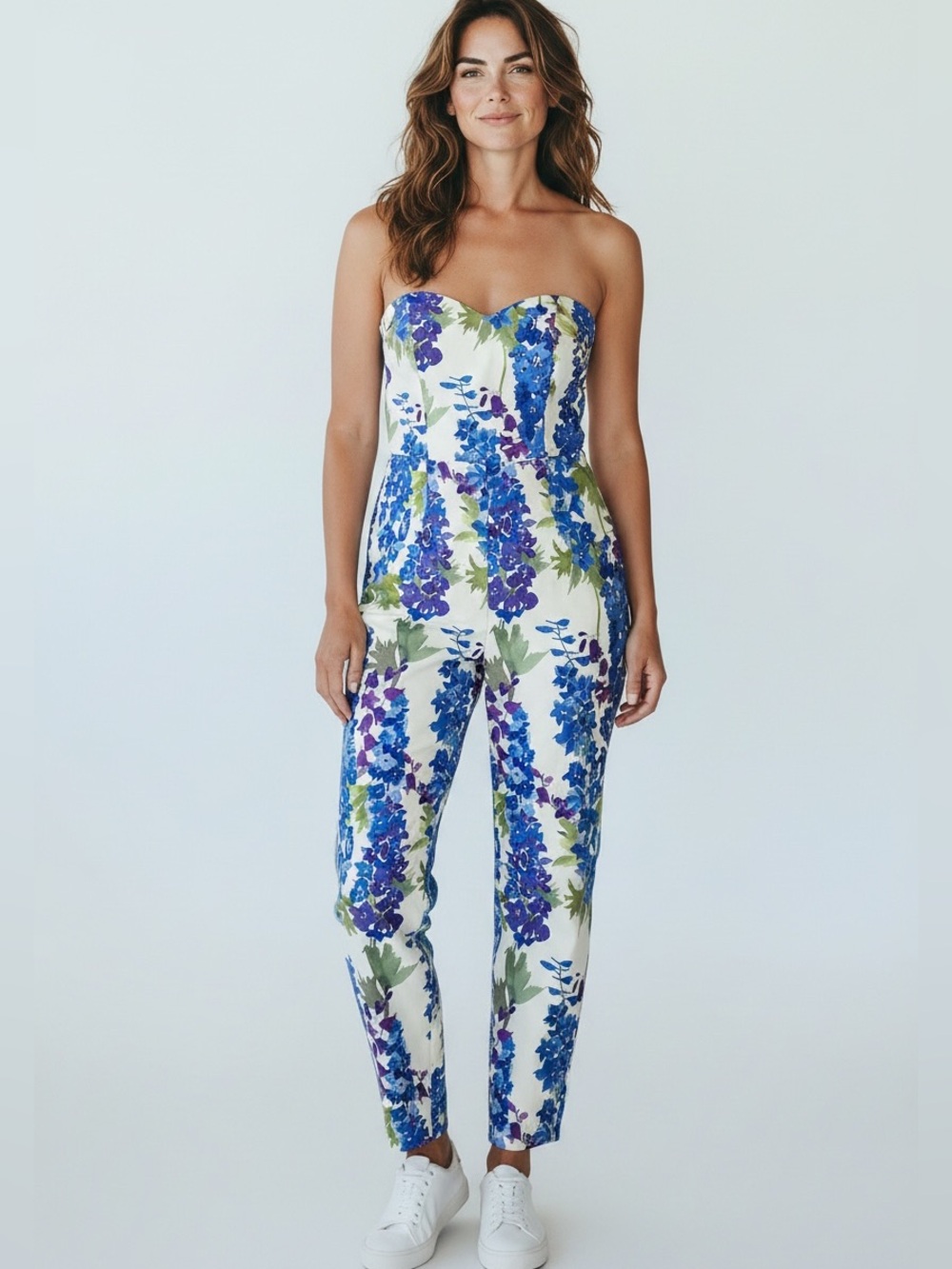 Molly Bracken‎ Jumpsuit Women Blue Floral Strapless Sweetheart High Rise